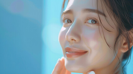 Skin care background with beautiful smiling asian girl model isolated