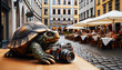 Turtle photographer in a historic city street