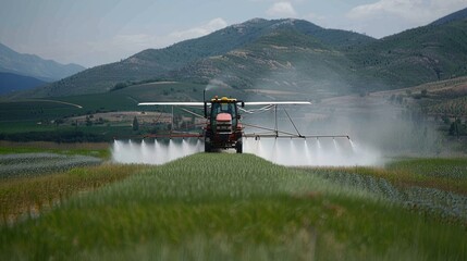 Wall Mural - Tractor spraying herbicides on lush green soybean field agriculture crop farming scene
