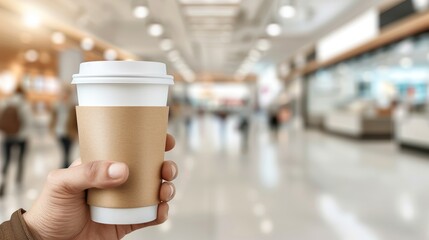 Man s hand holding takeaway coffee cup mockup on blurred background with copy space