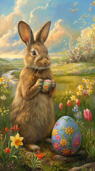 Wall Mural - Easter Bunny in a Spring Meadow - Easter Bunny with Spring Backdrop - Easter Bunny - Easter - Easter Eggs - Chocolate
