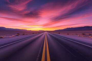 A lone highway heading straight into a captivating sunset, with the desert sky painted in pastel shades of pink and purple. The lighting is gentle and ethereal, creating a dreamlike desert scene.