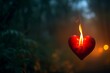 A red heart ablaze, set against a blurred background of a dense, mysterious forest at twilight. The lighting is moody and atmospheric, highlighting the contrast between the fire and the dark woods.