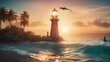 lighthouse at sunset A fantasy lighthouse in a sunset, with a dolphin, a palm tree, 