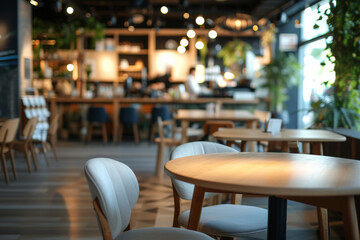 Modern co-working building. Relaxation lounge. Closeup to empty wooden table with chairs and blurred background with cafe area and barista serving organic drinks