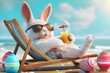 Easter bunny with sunglasses drink cocktail sitting on deckchair with colorful easter eggs on sand beach, easter holidays with summer vacation, rabbit and easter on summer sand beach, generative ai