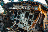 Fototapeta Mapy - Close-up of a shattered cockpit, remains of the plane scattered around, impact and severity of the crash