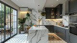 Fototapeta  - A chic black and white kitchen with marble countertops. Interior design. Created with generative AI.
