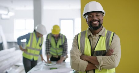 Poster - Face, construction or happy black man with arms crossed, confidence or smile in architecture meeting. Engineering team, development planning or portrait of builder, maintenance worker or contractor