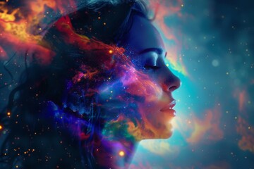Wall Mural - Female profile with fiery and cosmic elements