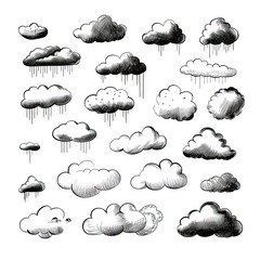 hand drawn sketchy cloud collection isolated on white. sketched black pencil clouds outline illustra