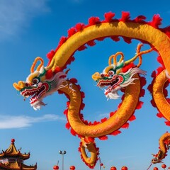 Two colorful Chinese dragon dance performances against blue sky background during Chinese New Year celebrate festival