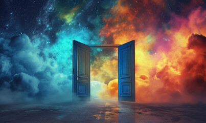 Sticker - open door with light at the end, new life and opportunity concept, changes and right decision, gate to fantastic world  with stars and nebulas