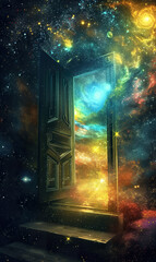 Wall Mural - open door with light at the end, new life and opportunity concept, changes and right decision, gate to fantastic world  with stars and nebulas