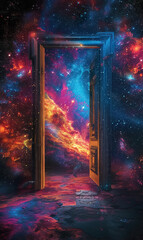 Sticker - open door with light at the end, new life and opportunity concept, changes and right decision, gate to fantastic world  with stars and nebulas