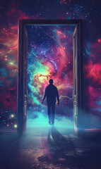 Wall Mural - man walking into fantastic world through open door, new beginnings and new life, gate to heaven, afterlife and paradise concept