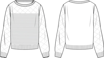Wall Mural - Women's Pointelle Jumper. Technical fashion illustration. Front and back, white colour. Women's CAD mock-up.