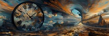 Surreal Clock Vortex Sky - A Stunning And Surreal Visual Of Clocks Swirling In A Vortex Against A Dramatic Sky, Representing Chaos In Time