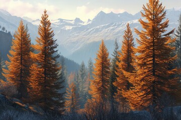 Tall elegant trees in the alpine region offer a tranquil and breathtaking landscape ideal for scenic photography






