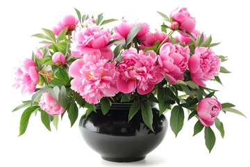Fresh bouquet of peony flowers in vase on white background