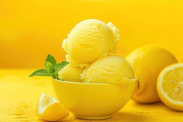 Food with lemon ice cream, lemons, mint on yellow table