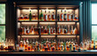 A bar setting, with a close-up view of three horizontal shelves laden with an assortment of liquor bottles