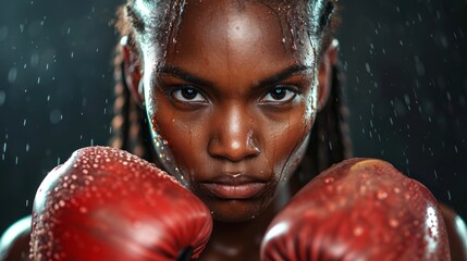 Wall Mural - Young African American female boxer with red gloves on a dark background. Close up. Concept of female strength, combat training, and athletic discipline