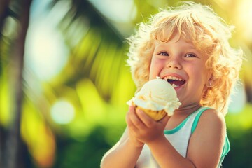 Poster - a little boy is eating an ice cream cone outside