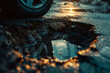 © ink drop - Close up of a car tyre next to a pothole in the road