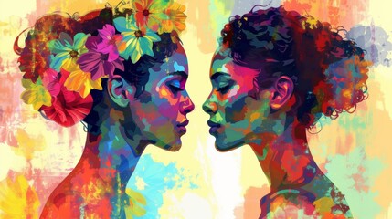 Wall Mural - Painting of Lesbian Couple Standing Next to Each Other. Wedding Day