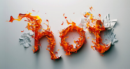 Text hot made from from 3 d letters shaped burn fire on white paper background. Heat, flame, energy vibe.