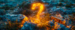Glowing golden question mark illuminating rocky terrain, symbolizing the quest for answers, mystery, and the unexplored paths of knowledge and discovery