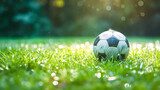 Fototapeta Sport - Close up of a soccer ball resting on vibrant green grass, ready for an intense match or a friendly game under the bright sunlight.