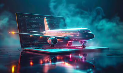 Futuristic concept of a commercial airliner jet emerging from a laptop screen, symbolizing online travel booking, virtual tourism, and digital flight services