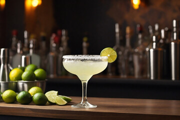 Margarita cocktail garnished with lime standing on the bar counter