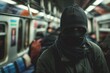 Cloaked in anonymity, a person sports a beanie and scarf, eyes barely visible, amid the blur of a busy subway journey