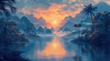 Fototapeta  - Malarstwo przedstawiające zachód słońca przy tropikalnej szerokiej rzece