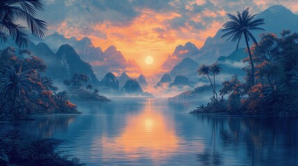 Fototapeta malarstwo przedstawiające zachód słońca przy tropikalnej szerokiej rzece