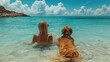 Kobieta i pies są w wodzie, relaksują się podczas wakacji.