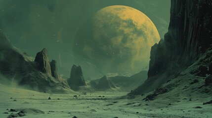 Fototapeta fotografia przedstawia nieziemski krajobraz z górami, skałami oraz gigantycznym księżycem na tle grungeowego tła.