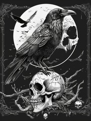 Wall Mural - Crow perched on skull, ominous