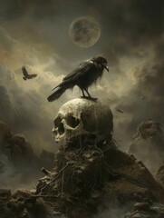 Poster - Crow perched on skull, ominous