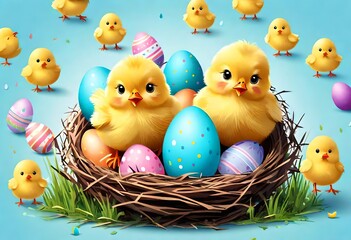 Wall Mural - Chicks peeking out of a nest surrounded by scattered eggs on a soft blue backdrop