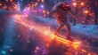 Mężczyzna jeździ na deskorolce w dół pokrytego śniegiem zbocza przy magicznym abstrakcyjnym oświetleniu