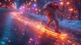 Fototapeta  - Mężczyzna jeździ na deskorolce w dół pokrytego śniegiem zbocza przy magicznym abstrakcyjnym oświetleniu