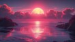 Słońce zachodzi nad powierzchnią wody, odbijając się na niej, tworząc piękne sceny różowego neonu