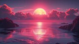 Fototapeta Do pokoju - Słońce zachodzi nad powierzchnią wody, odbijając się na niej, tworząc piękne sceny różowego neonu