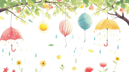 Wall Mural - Summer Photo Set Overlays Rain, Branches, Flowers, Sun