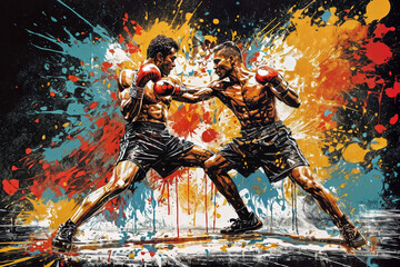 Boxer in action on a grunge background. Illustration of a boxer in action with colorful splash background. Portrait of an athletic male boxer with boxing gloves.