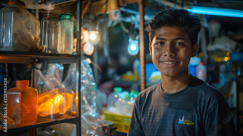 A young inventor developing a device that converts plastic waste into usable materials, addressing the global issue of plastic pollution and promoting environmental sustainability,